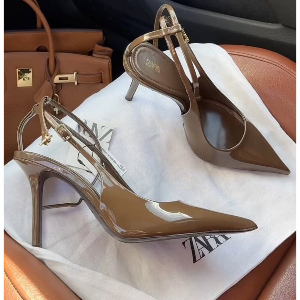 Zara Khaki Patent Slingback Stiletto Heels Pointed Toe NWT - Picture 9 of 16